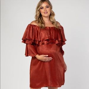 PINKBLUSH Maternity Rust Ruffle Neck and Sleeve dress